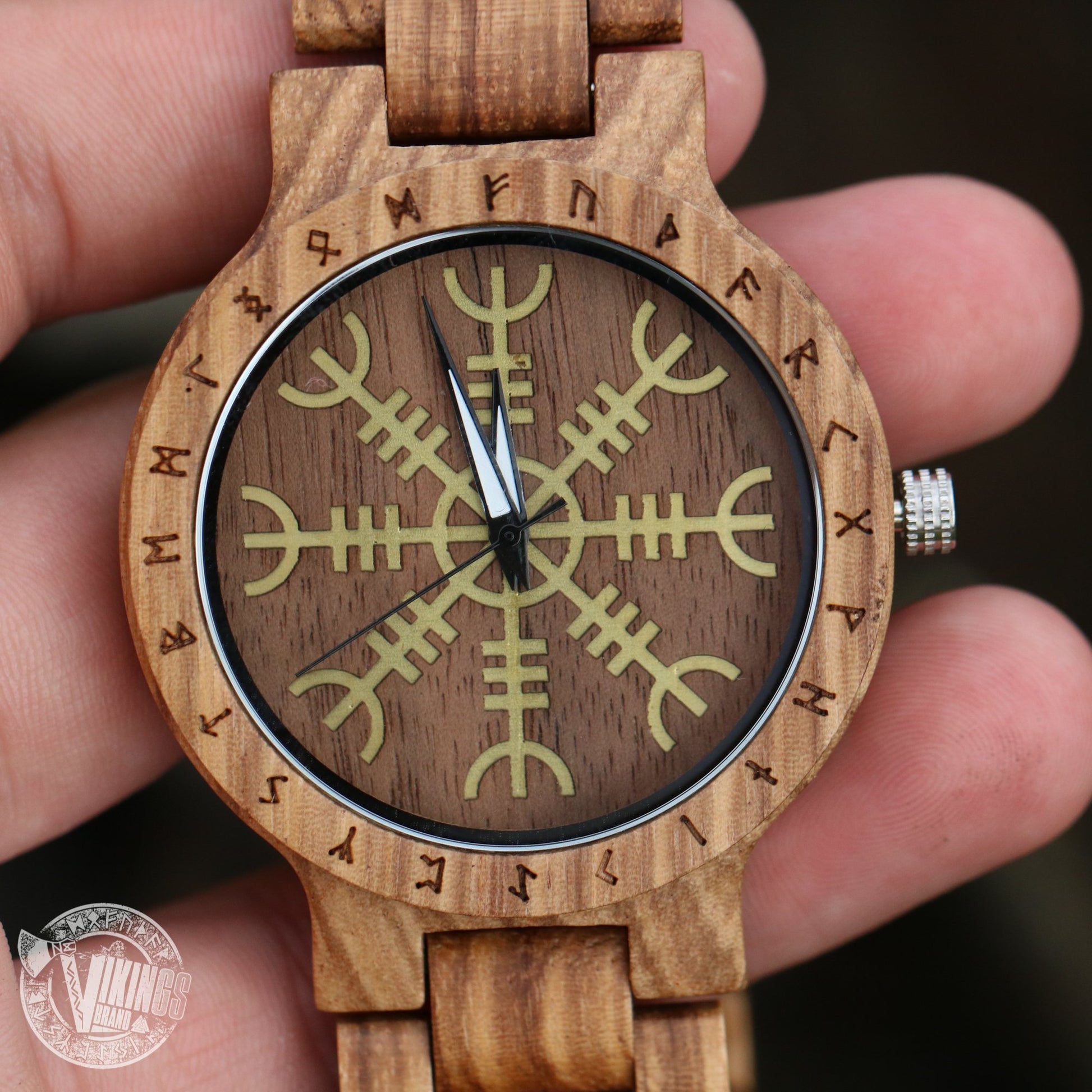 Handmade Viking Wooden Watch with Golden Helm of Awe or Vegvisir & Custom Saying on the Back Cover or Box - VikingsBrand