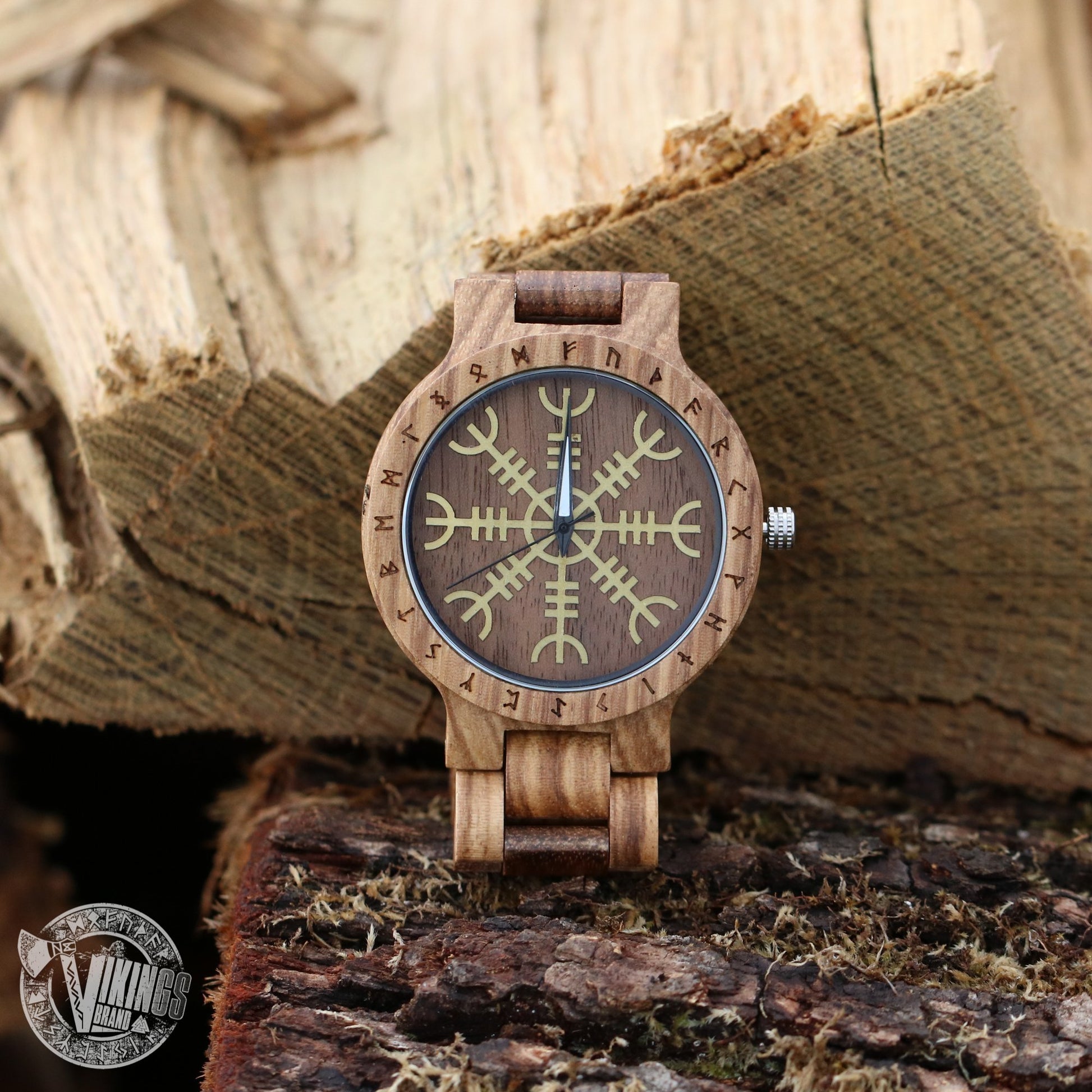 Handmade Viking Wooden Watch with Golden Helm of Awe or Vegvisir & Custom Saying on the Back Cover or Box - VikingsBrand