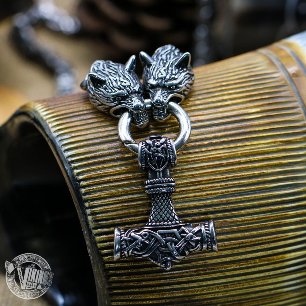 HANDMADE Wolf Head Stainless Steel Necklace with Mjolnir - VikingsBrand