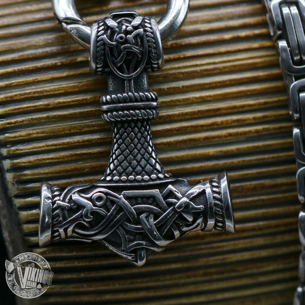 HANDMADE Wolf Head Stainless Steel Necklace with Mjolnir - VikingsBrand