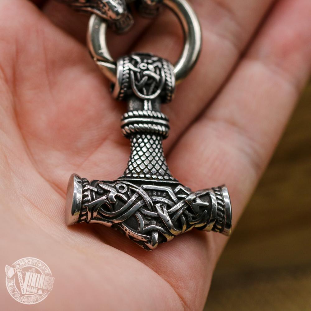 HANDMADE Wolf Head Stainless Steel Necklace with Mjolnir - VikingsBrand
