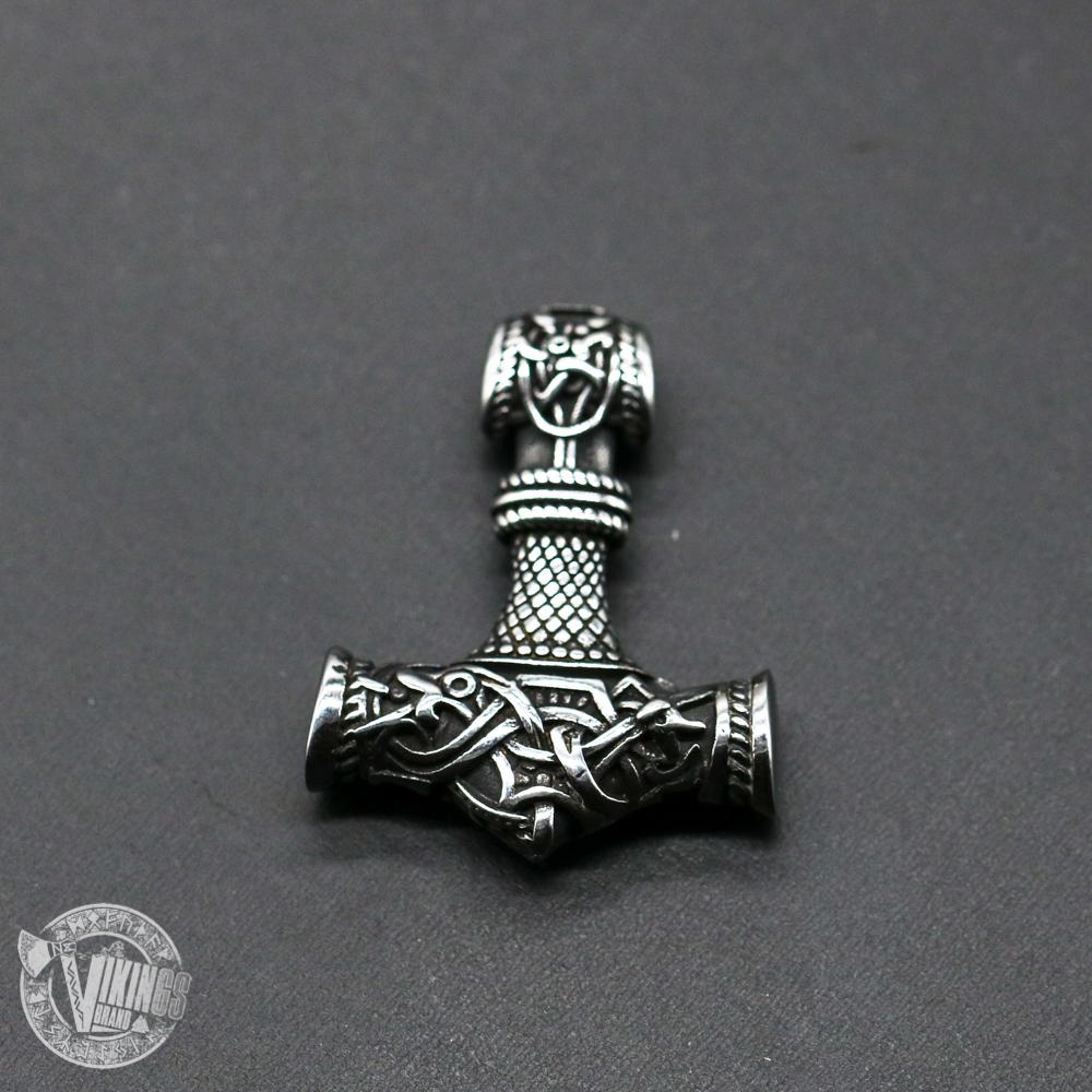 HANDMADE Wolf Head Stainless Steel Necklace with Mjolnir - VikingsBrand