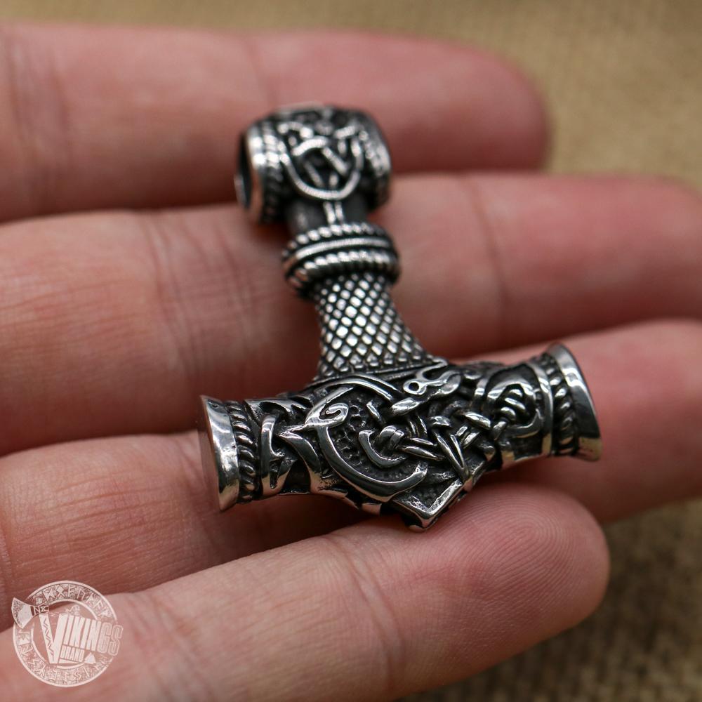 HANDMADE Wolf Head Stainless Steel Necklace with Mjolnir - VikingsBrand
