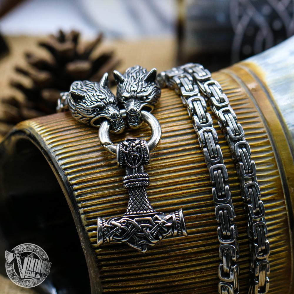HANDMADE Wolf Head Stainless Steel Necklace with Mjolnir - VikingsBrand
