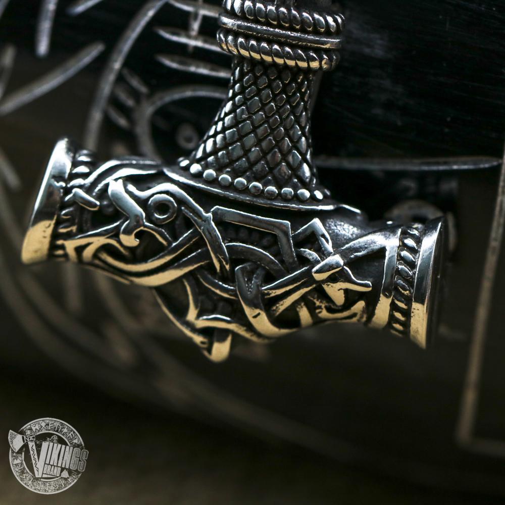 HANDMADE Wolf Head Stainless Steel Necklace with Mjolnir - VikingsBrand