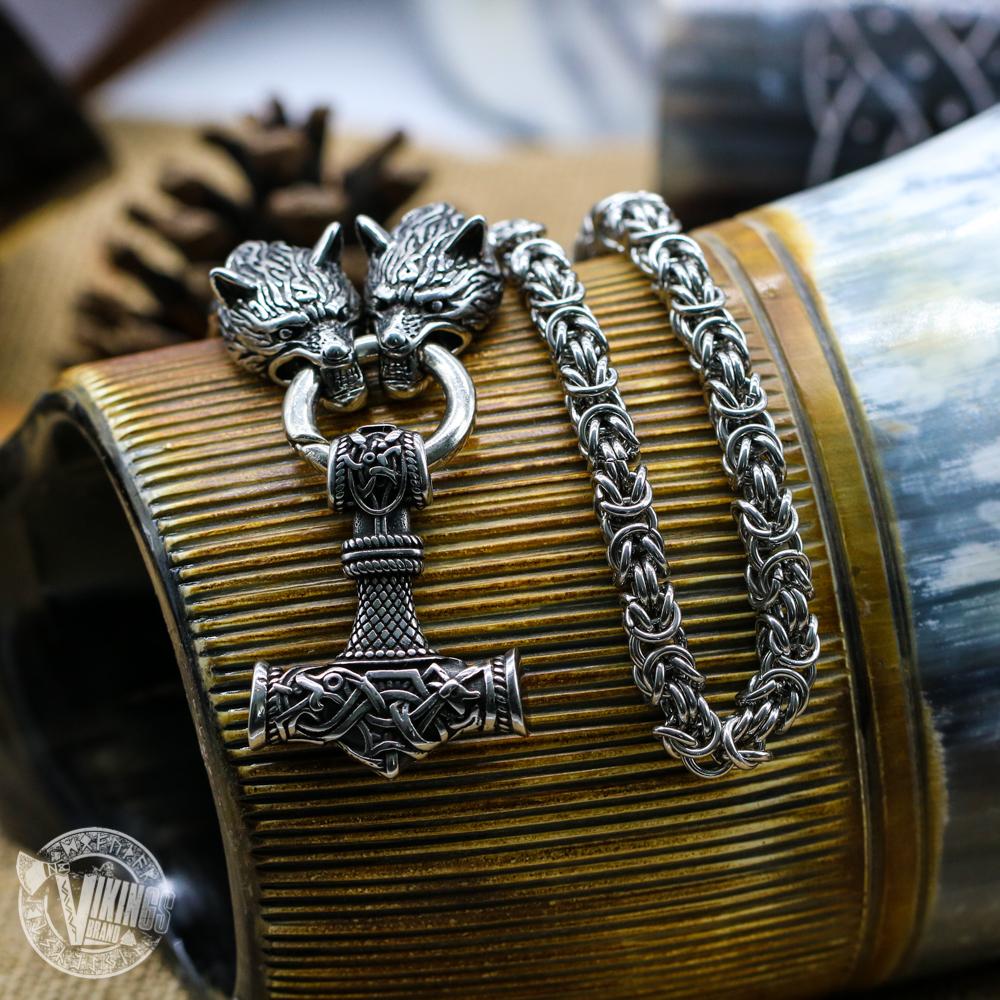 HANDMADE Wolf Head Stainless Steel Necklace with Mjolnir - VikingsBrand