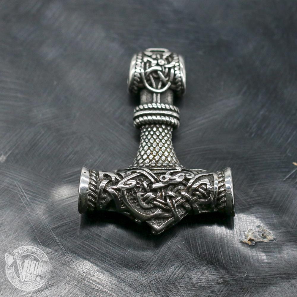 HANDMADE Wolf Head Stainless Steel Necklace with Mjolnir - VikingsBrand