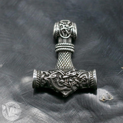 HANDMADE Wolf Head Stainless Steel Necklace with Mjolnir - VikingsBrand