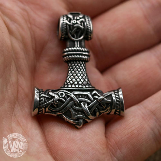 HANDMADE Wolf Head Stainless Steel Necklace with Mjolnir - VikingsBrand