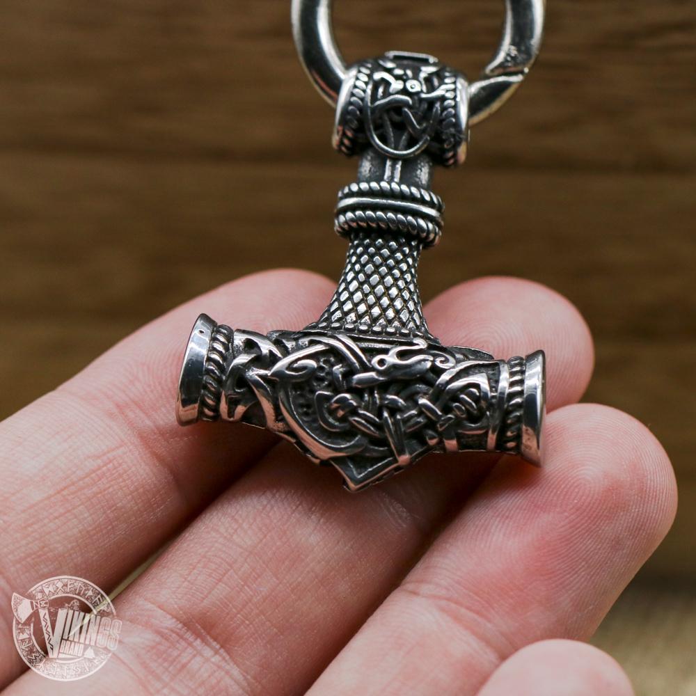 HANDMADE Wolf Head Stainless Steel Necklace with Mjolnir - VikingsBrand