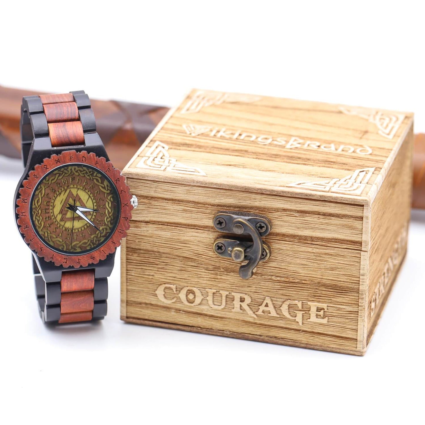 Harald Viking Wooden Watch with Carved Valknut Viking Symbol & Custom Engravings
