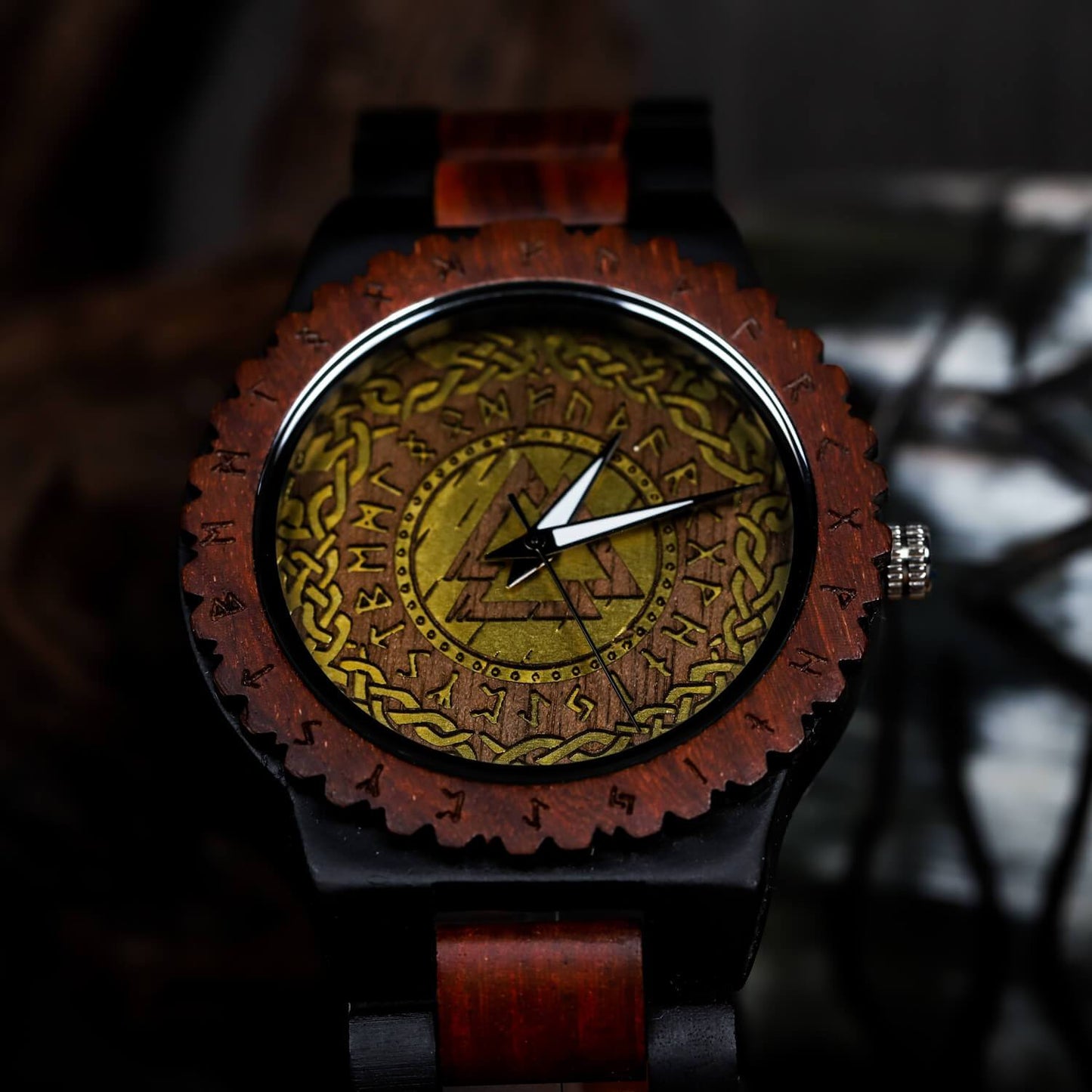 Harald Viking Wooden Watch with Carved Valknut Viking Symbol & Custom Engravings