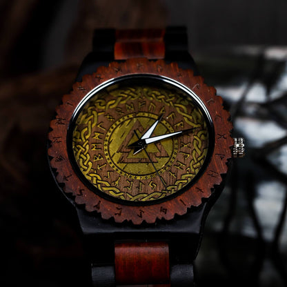Harald Viking Wooden Watch with Carved Valknut Viking Symbol & Custom Engravings