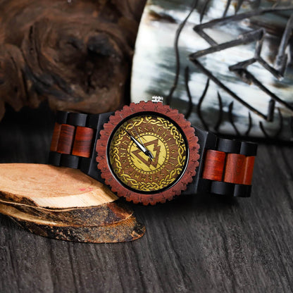 Harald Viking Wooden Watch with Carved Valknut Viking Symbol & Custom Engravings
