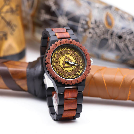 Harald Viking Wooden Watch with Carved Valknut Viking Symbol & Custom Engravings