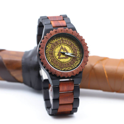 Harald Viking Wooden Watch with Carved Valknut Viking Symbol & Custom Engravings