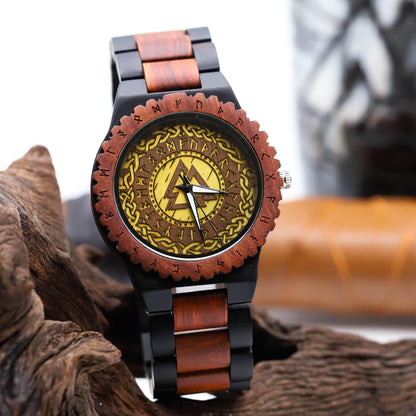 Harald Viking Wooden Watch with Carved Valknut Viking Symbol & Custom Engravings