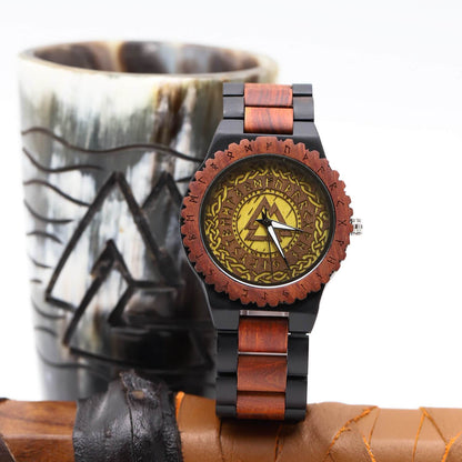 Harald Viking Wooden Watch with Carved Valknut Viking Symbol & Custom Engravings