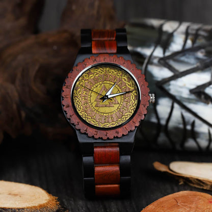 Harald Viking Wooden Watch with Carved Valknut Viking Symbol & Custom Engravings