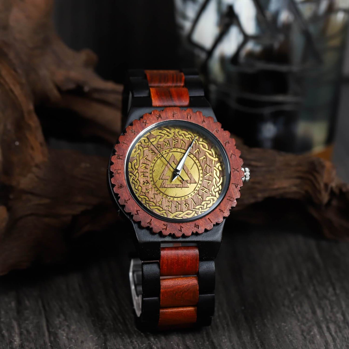 Harald Viking Wooden Watch with Carved Valknut Viking Symbol & Custom Engravings