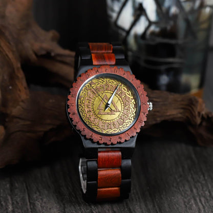 Harald Viking Wooden Watch with Carved Valknut Viking Symbol & Custom Engravings