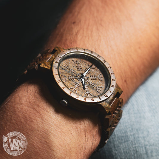 Harbard Viking Wooden Watch with Helm of Awe Viking Symbol & Custom Engraved Saying on Back Cover - VikingsBrand