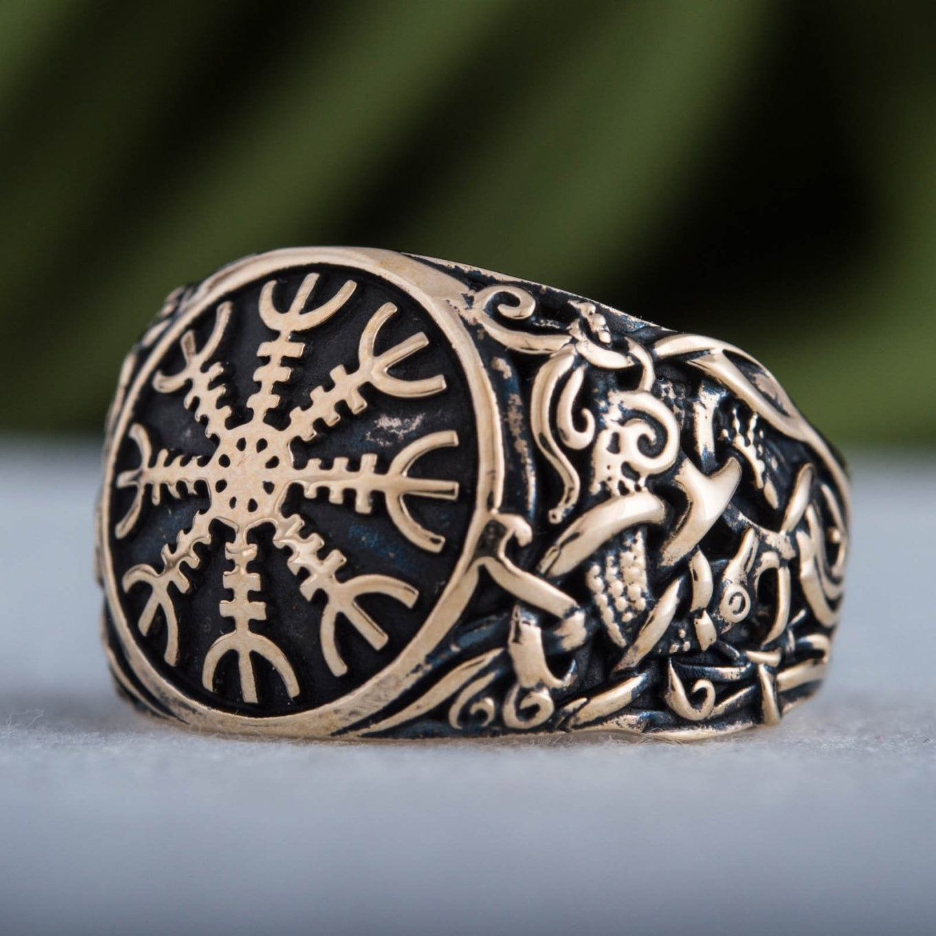 Helm of Awe Ring with Mammen Ornament Handcrafted Bronze Viking Ring