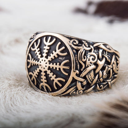 Helm of Awe Ring with Mammen Ornament Handcrafted Bronze Viking Ring