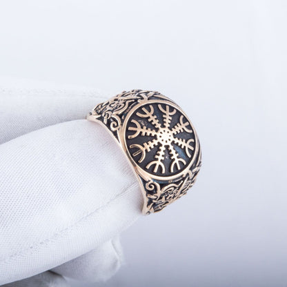 Helm of Awe Ring with Mammen Ornament Handcrafted Bronze Viking Ring