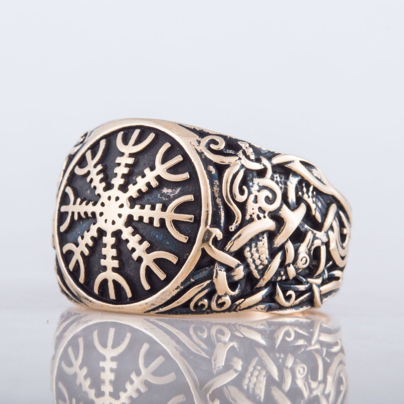 Helm of Awe Ring with Mammen Ornament Handcrafted Bronze Viking Ring