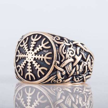 Helm of Awe Ring with Mammen Ornament Handcrafted Bronze Viking Ring