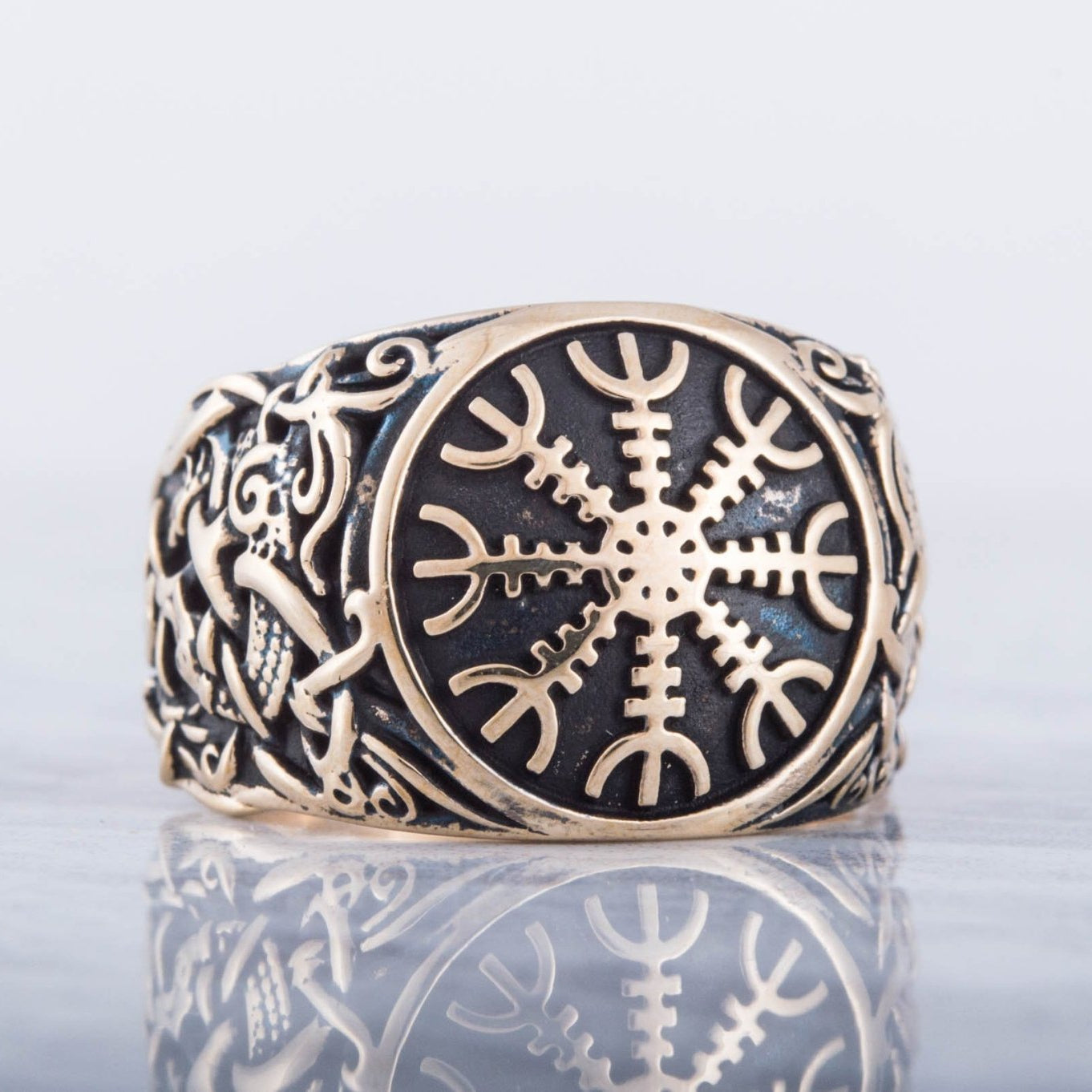 Helm of Awe Ring with Mammen Ornament Handcrafted Bronze Viking Ring