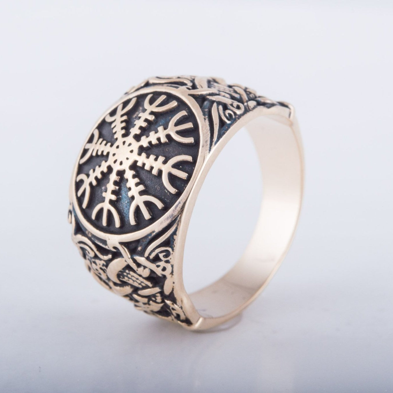 Helm of Awe Ring with Mammen Ornament Handcrafted Bronze Viking Ring