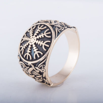 Helm of Awe Ring with Mammen Ornament Handcrafted Bronze Viking Ring