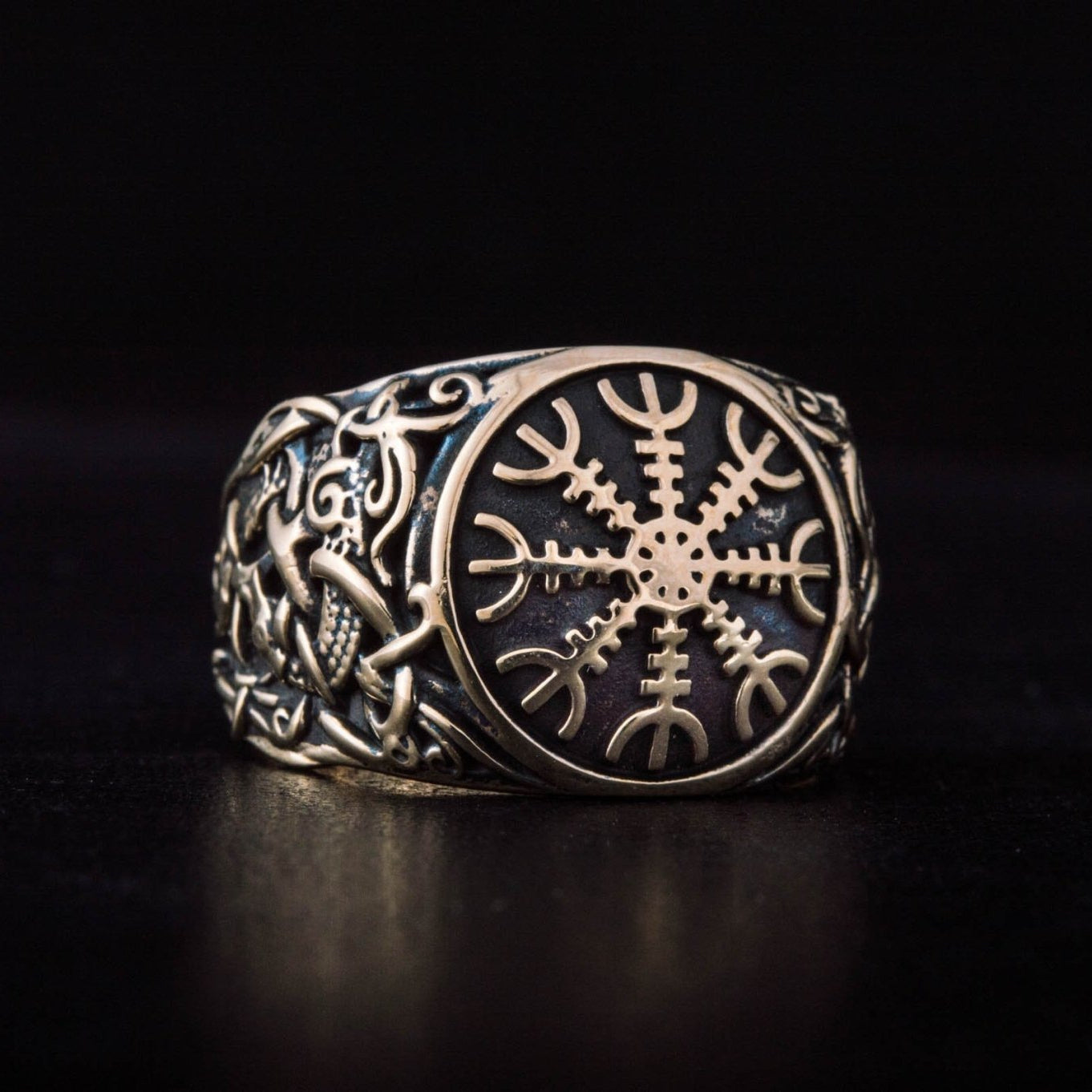 Helm of Awe Ring with Mammen Ornament Handcrafted Bronze Viking Ring