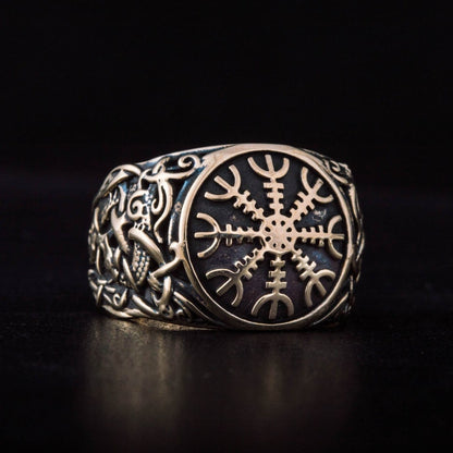 Helm of Awe Ring with Mammen Ornament Handcrafted Bronze Viking Ring