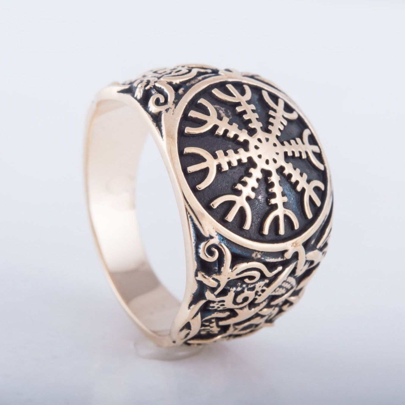 Helm of Awe Ring with Mammen Ornament Handcrafted Bronze Viking Ring