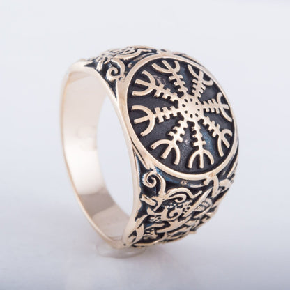 Helm of Awe Ring with Mammen Ornament Handcrafted Bronze Viking Ring