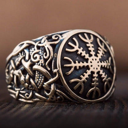 Helm of Awe Ring with Mammen Ornament Handcrafted Bronze Viking Ring