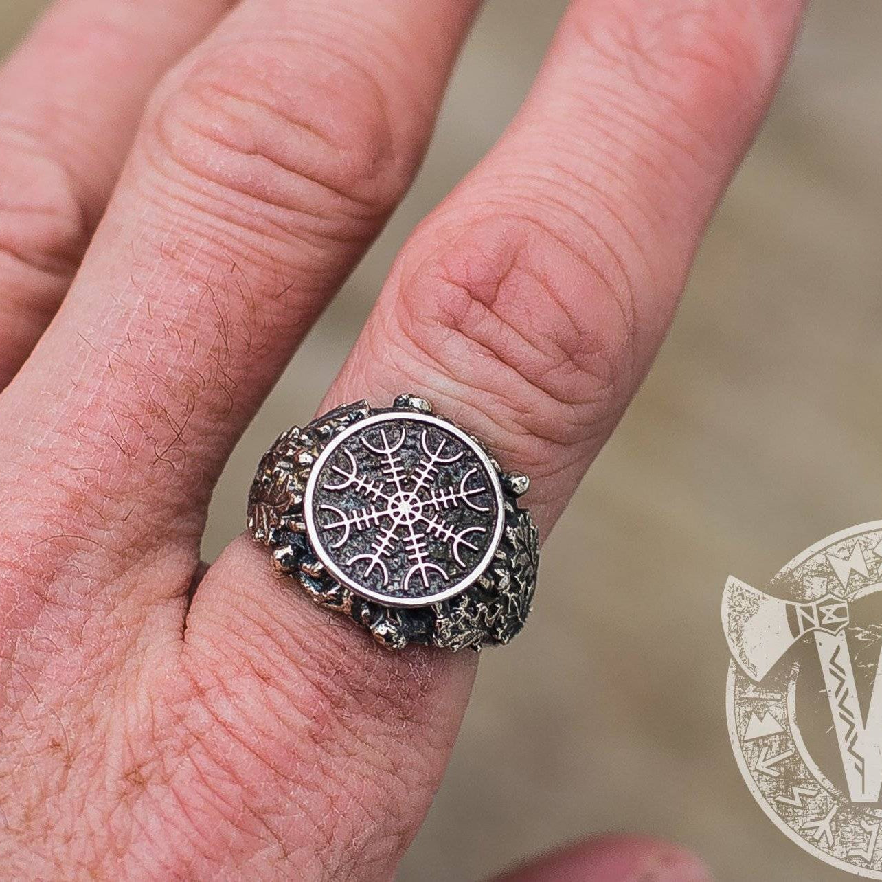 Helm of Awe Sterling Silver Ring with Oak Leaves and Acorns - VikingsBrand