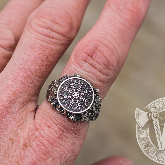 Helm of Awe Sterling Silver Ring with Oak Leaves and Acorns - VikingsBrand