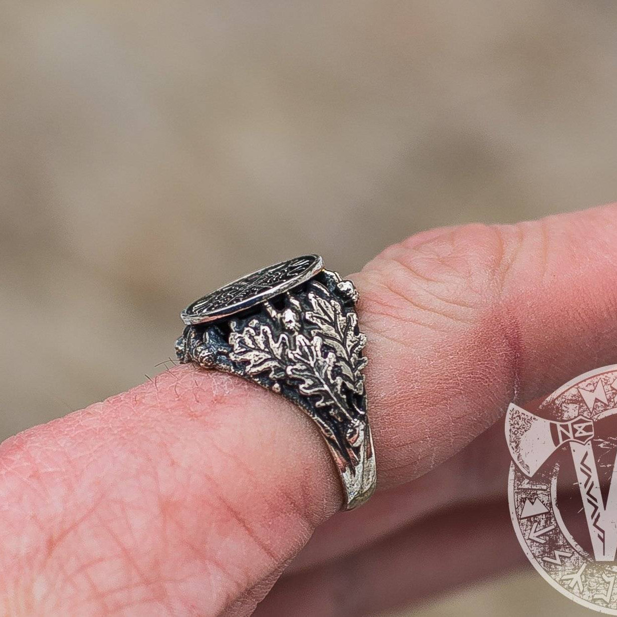 Helm of Awe Sterling Silver Ring with Oak Leaves and Acorns - VikingsBrand
