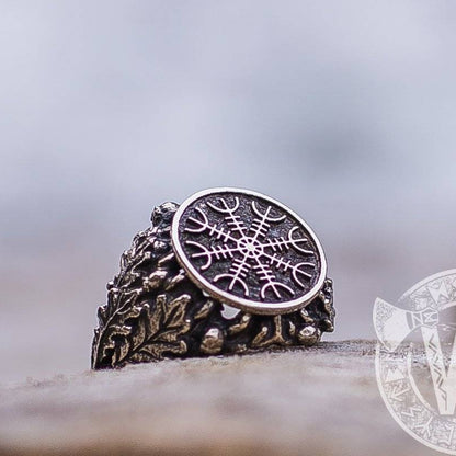 Helm of Awe Sterling Silver Ring with Oak Leaves and Acorns - VikingsBrand