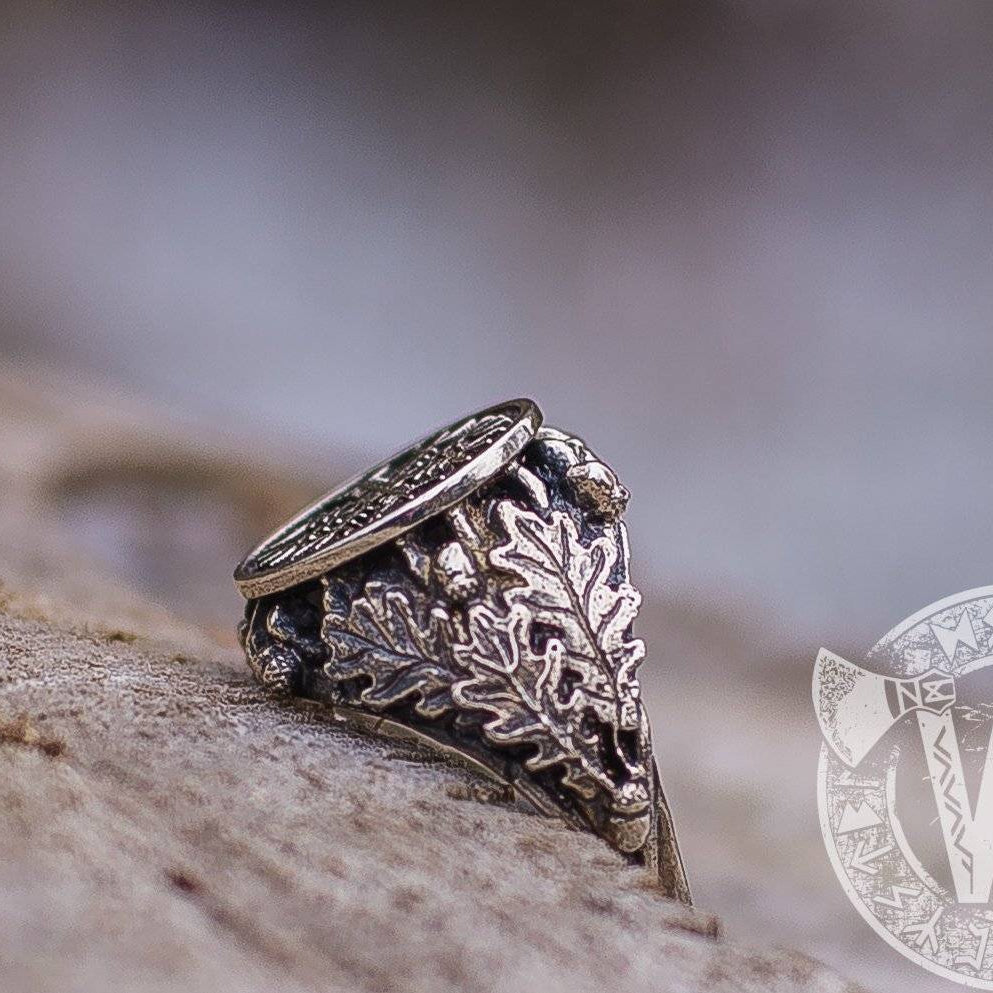 Helm of Awe Sterling Silver Ring with Oak Leaves and Acorns - VikingsBrand