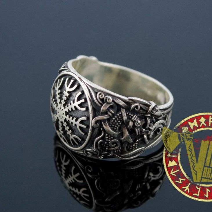 Helm of Awe Symbol with Norse Ornament Ring - VikingsBrand