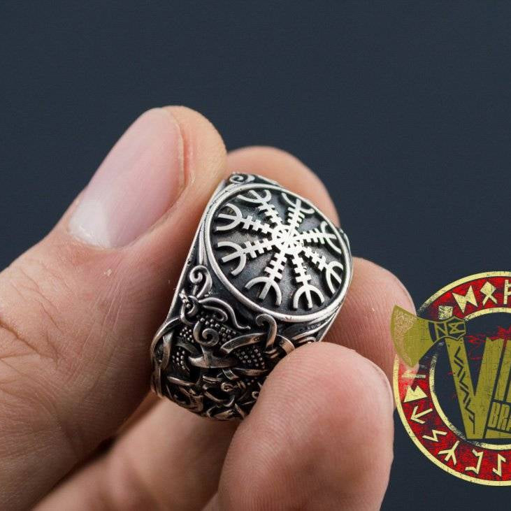Helm of Awe Symbol with Norse Ornament Ring - VikingsBrand