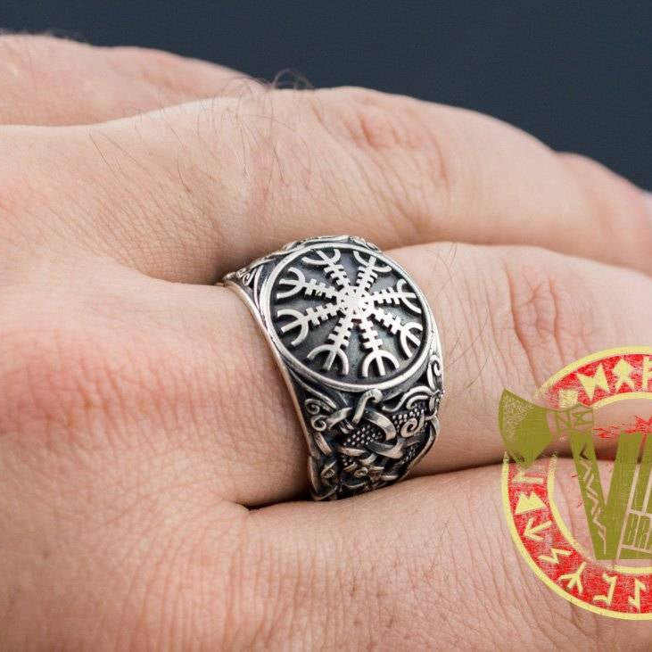 Helm of Awe Symbol with Norse Ornament Ring - VikingsBrand