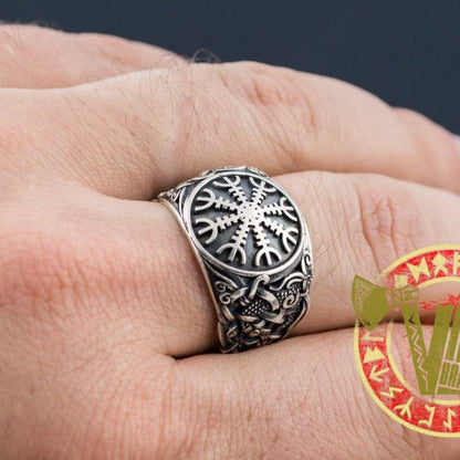 Helm of Awe Symbol with Norse Ornament Ring - VikingsBrand
