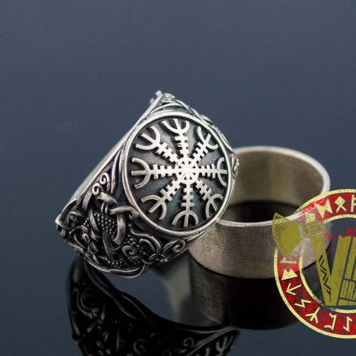 Helm of Awe Symbol with Norse Ornament Ring - VikingsBrand