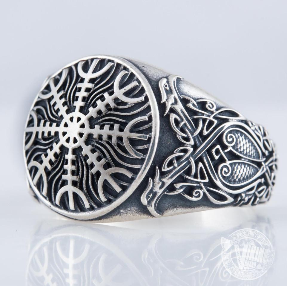 Helm of Awe Symbol with Norse Ornament Sterling Silver Viking Ring